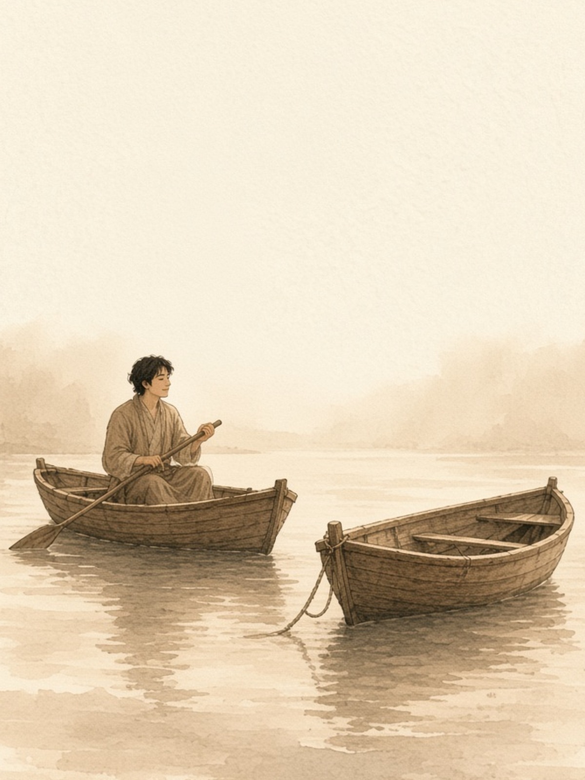 A man in a boat beside an empty boat